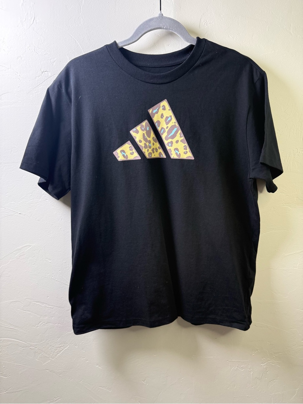 adidas Black Tee with Leopard Triangle Accent